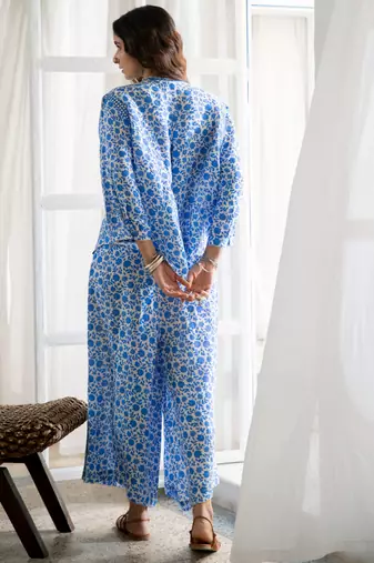 Blue floral embroidered pure cotton shirt