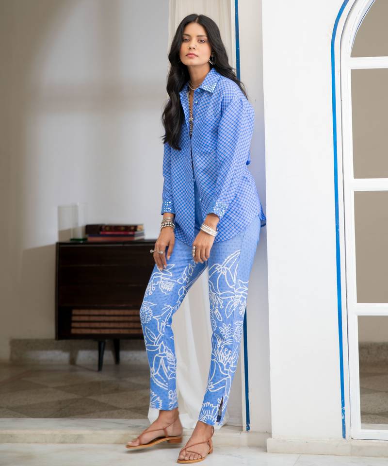 Blue floral embroidered linen shirt