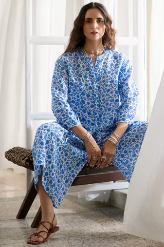 Blue floral embroidered pure cotton shirt