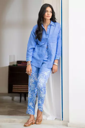 Blue floral embroidered linen shirt