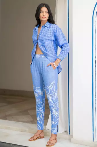 Blue floral embroidered linen shirt