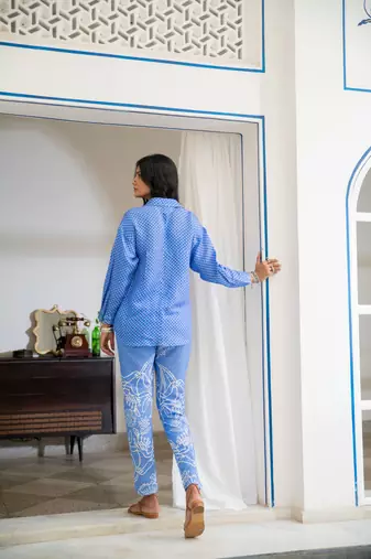 Blue floral embroidered linen shirt