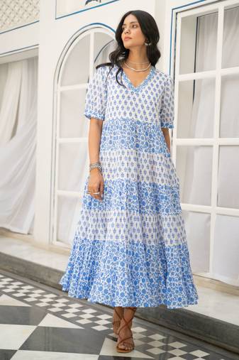 Blue white tiered printed pure cotton dress