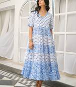 Blue white tiered printed pure cotton dress