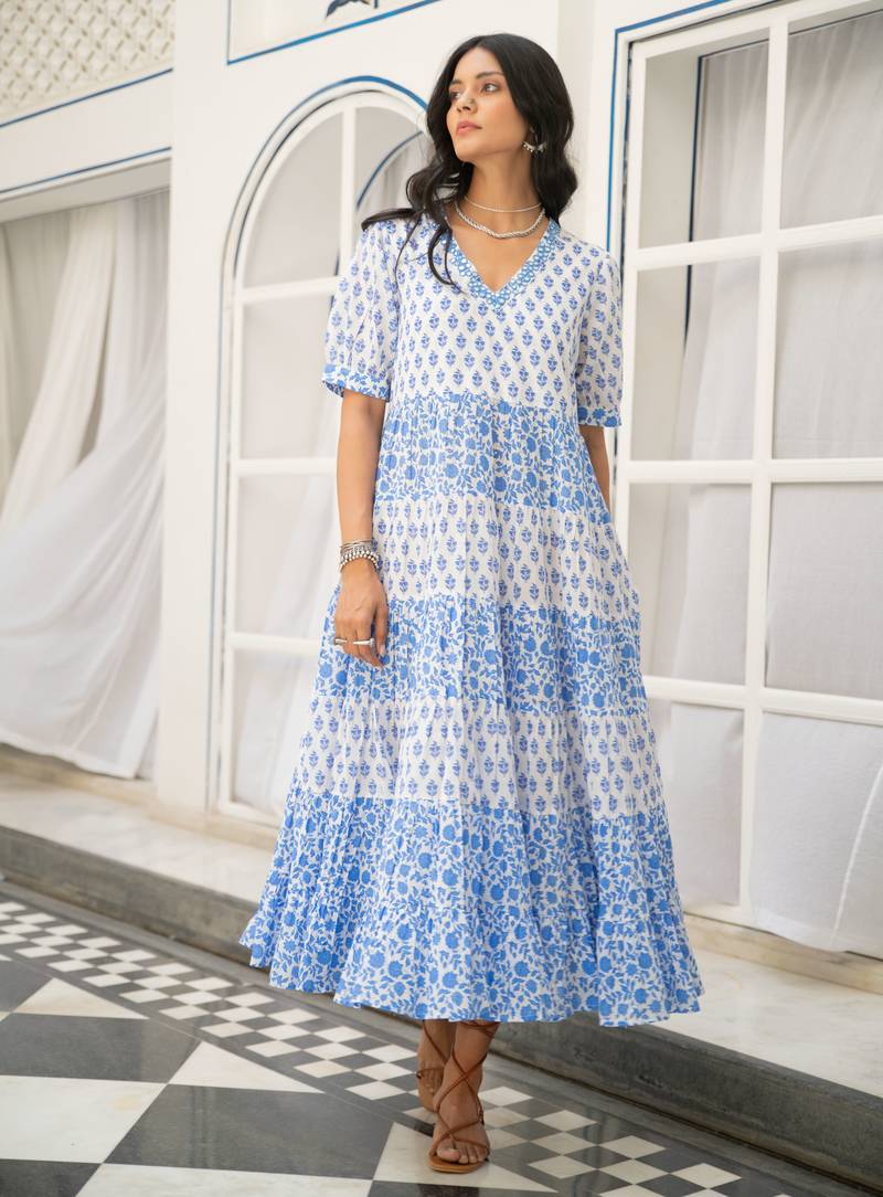 Blue white tiered printed pure cotton dress