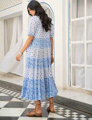 Blue white tiered printed pure cotton dress 2