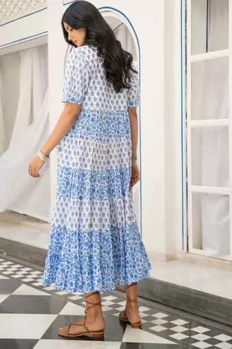 Blue white tiered printed pure cotton dress