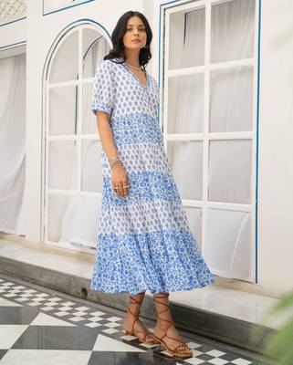 Blue white tiered printed pure cotton dress 3