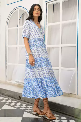 Blue white tiered printed pure cotton dress