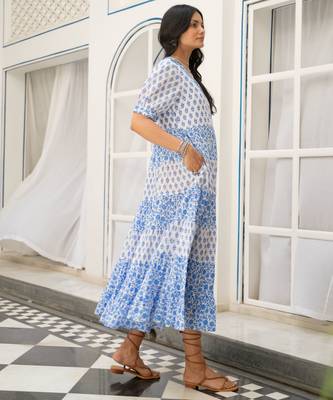 Blue white tiered printed pure cotton dress 4