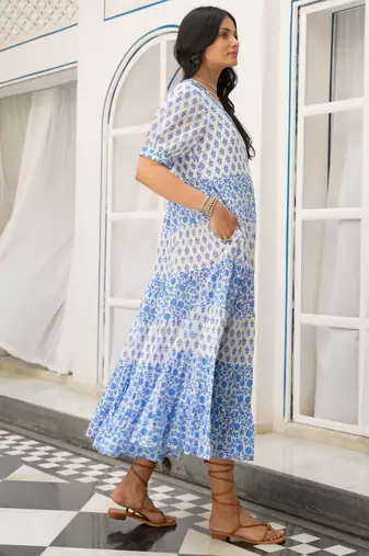 Blue white tiered printed pure cotton dress