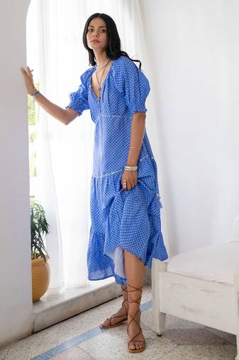 Blue baby doll embroidered pure cotton dress