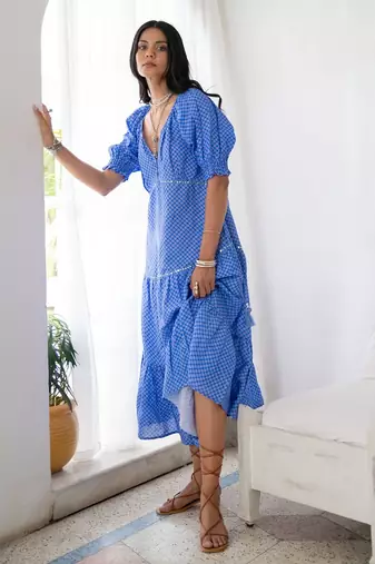 Blue baby doll embroidered pure cotton dress