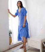 Blue baby doll embroidered pure cotton dress