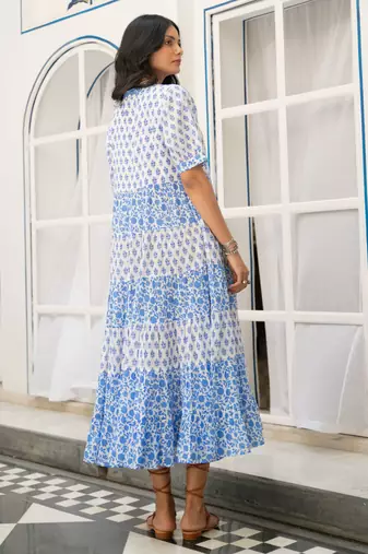 Blue white tiered printed pure cotton dress