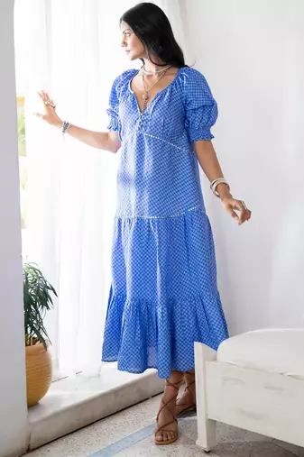Blue baby doll embroidered pure cotton dress