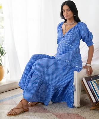 Blue baby doll embroidered pure cotton dress 4