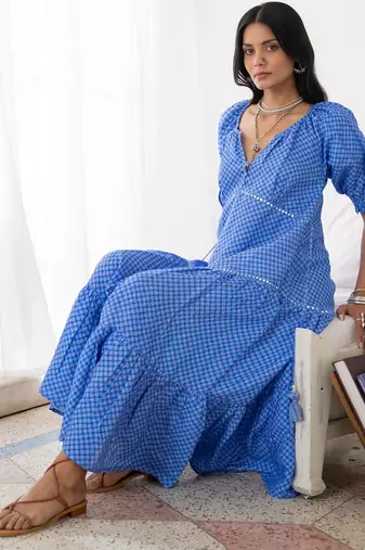 Blue baby doll embroidered pure cotton dress