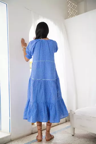 Blue baby doll embroidered pure cotton dress