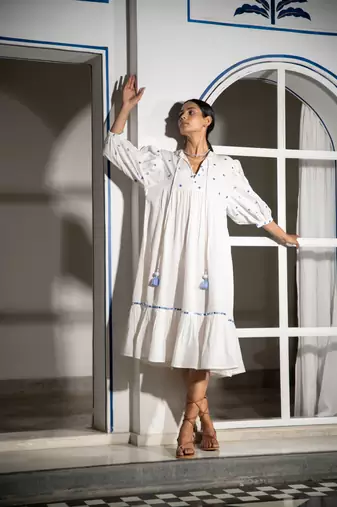 White embroidered linen maxi dress