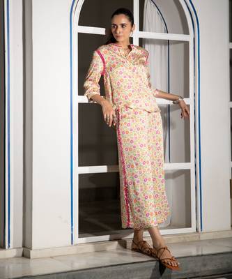 Light yellow floral embroidered satin co ord set 1