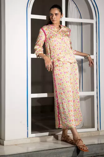 Light yellow floral embroidered satin co ord set