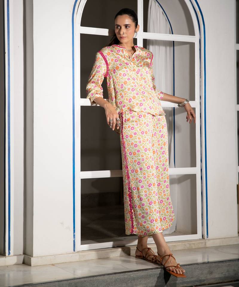 Light yellow floral embroidered satin co ord set