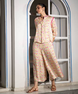 Light yellow floral embroidered satin co ord set 3