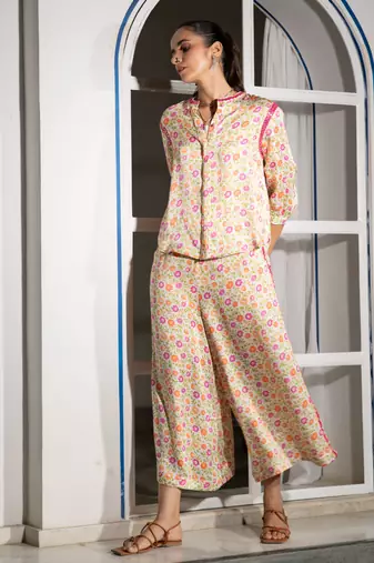 Light yellow floral embroidered satin co ord set