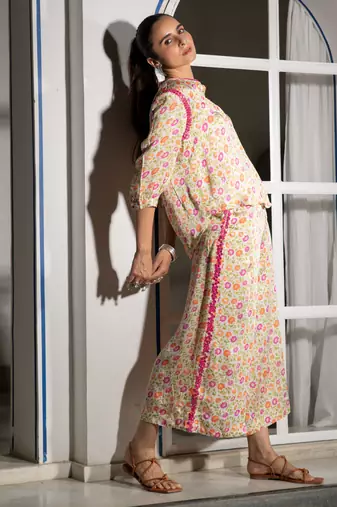 Light yellow floral embroidered satin co ord set