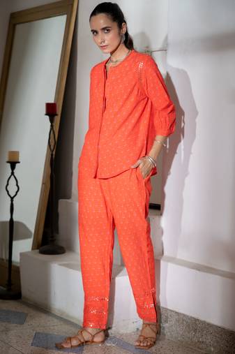 Orange embroidered linen floral co ord set