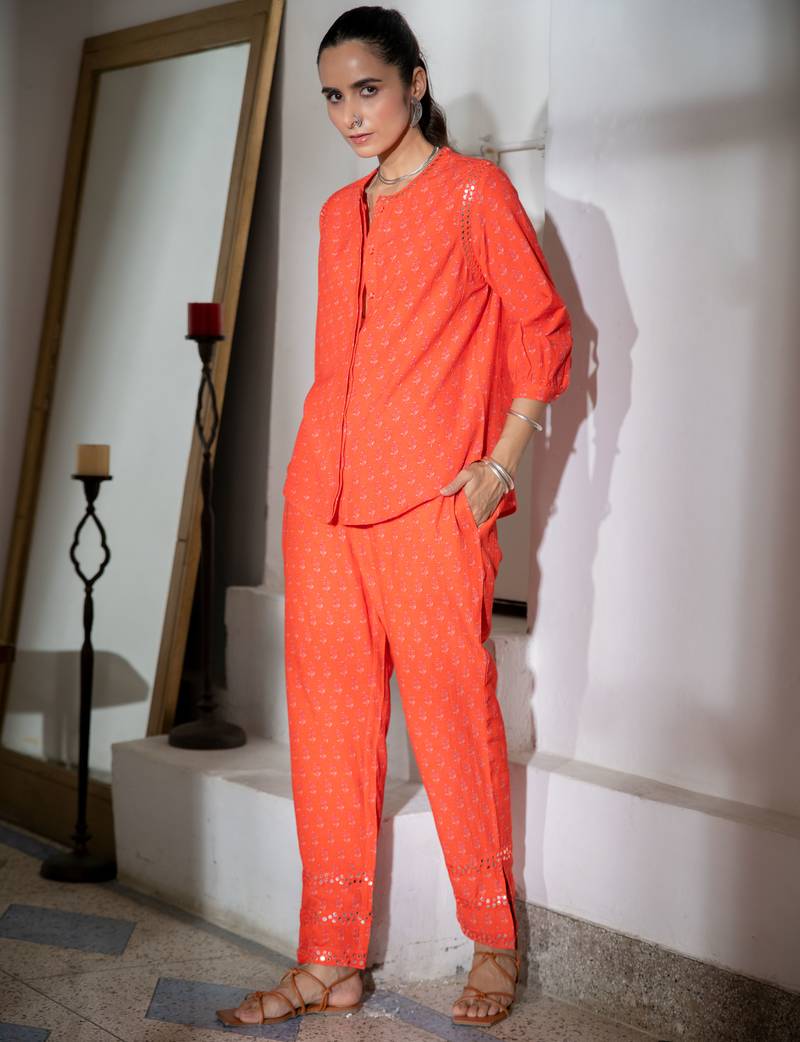 Orange embroidered linen floral co ord set