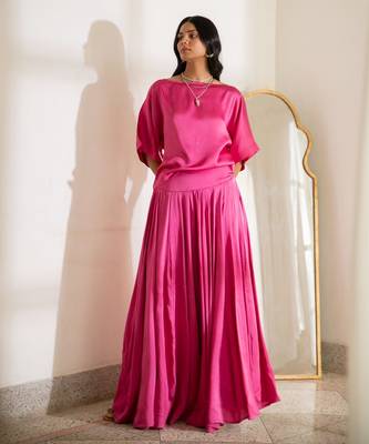 Pink satin flowy skirt top set 1
