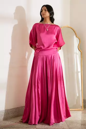 Pink satin flowy skirt top set
