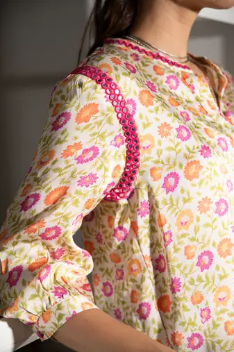 Light yellow floral embroidered satin co ord set
