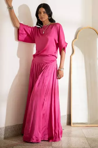 Pink satin flowy skirt top set