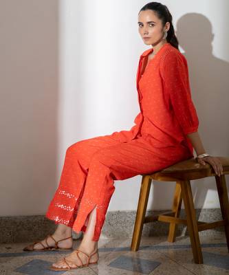 Orange embroidered linen floral co ord set 4