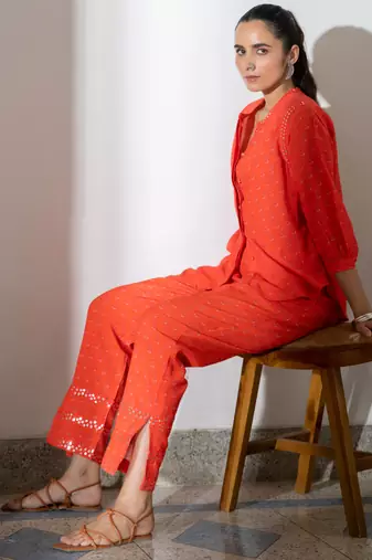 Orange embroidered linen floral co ord set