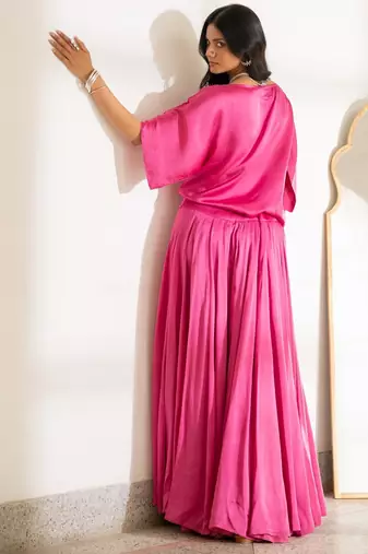 Pink satin flowy skirt top set