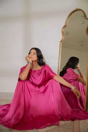 Pink satin flowy skirt top set