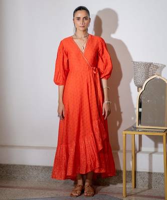 Orange embroidered pure cotton wrap dress 1