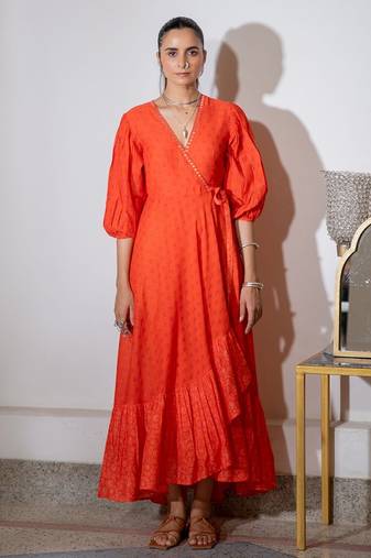 Orange embroidered pure cotton wrap dress
