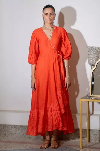 Orange embroidered pure cotton wrap dress