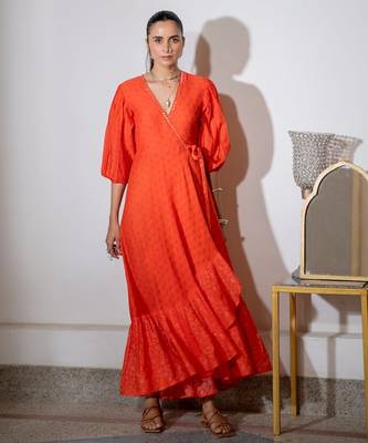 Orange embroidered pure cotton wrap dress 2