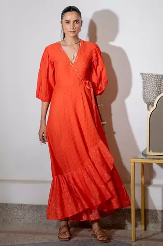 Orange embroidered pure cotton wrap dress