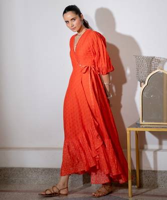 Orange embroidered pure cotton wrap dress 3