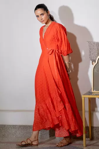 Orange embroidered pure cotton wrap dress