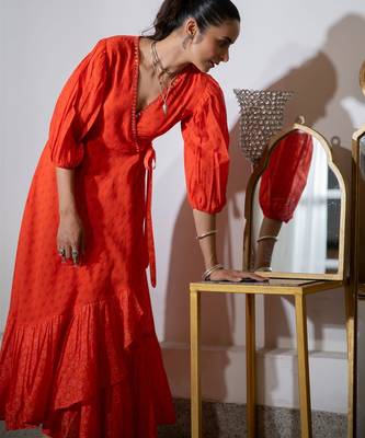 Orange embroidered pure cotton wrap dress 5