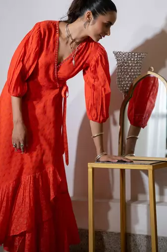 Orange embroidered pure cotton wrap dress