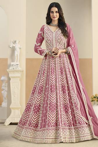 Faux georgette embroidered pink anarkali salwar kameez